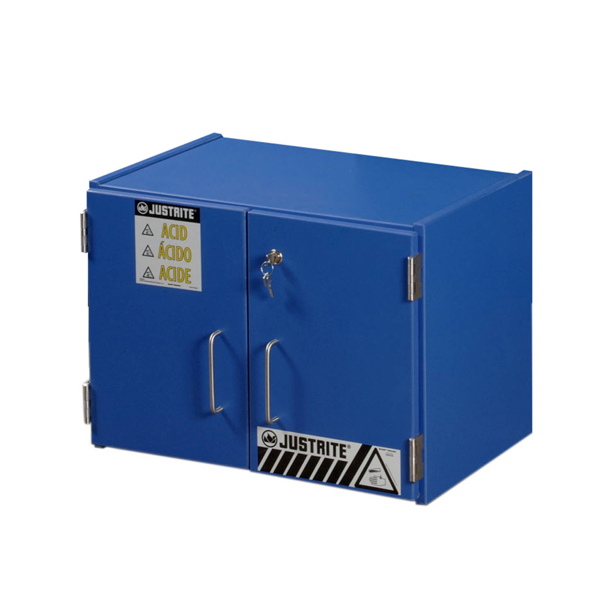 Justrite Wood Laminate Corrosives Safety Cabinet — Countertop, Holds Six 2.5-Liter Bottles, 2 Doors, Manual Close, Blue, Model# 24120